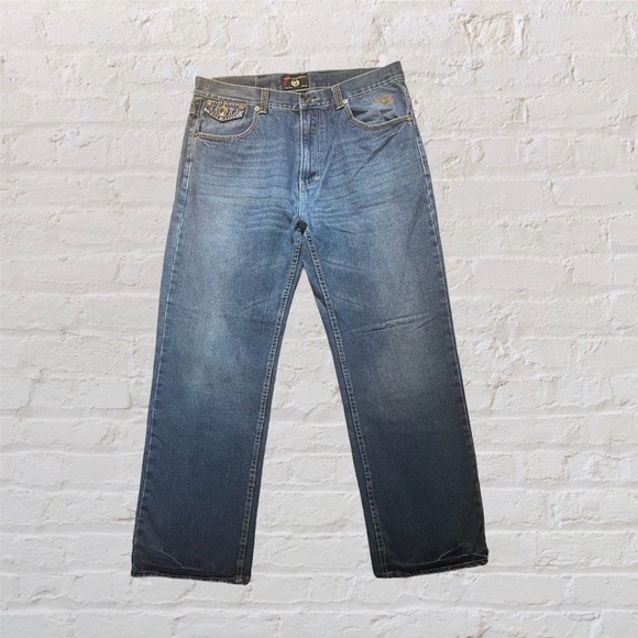 Phat farm embroidered pocket y2k wide blue jeans sz 36x32 - Picture 2 of 3